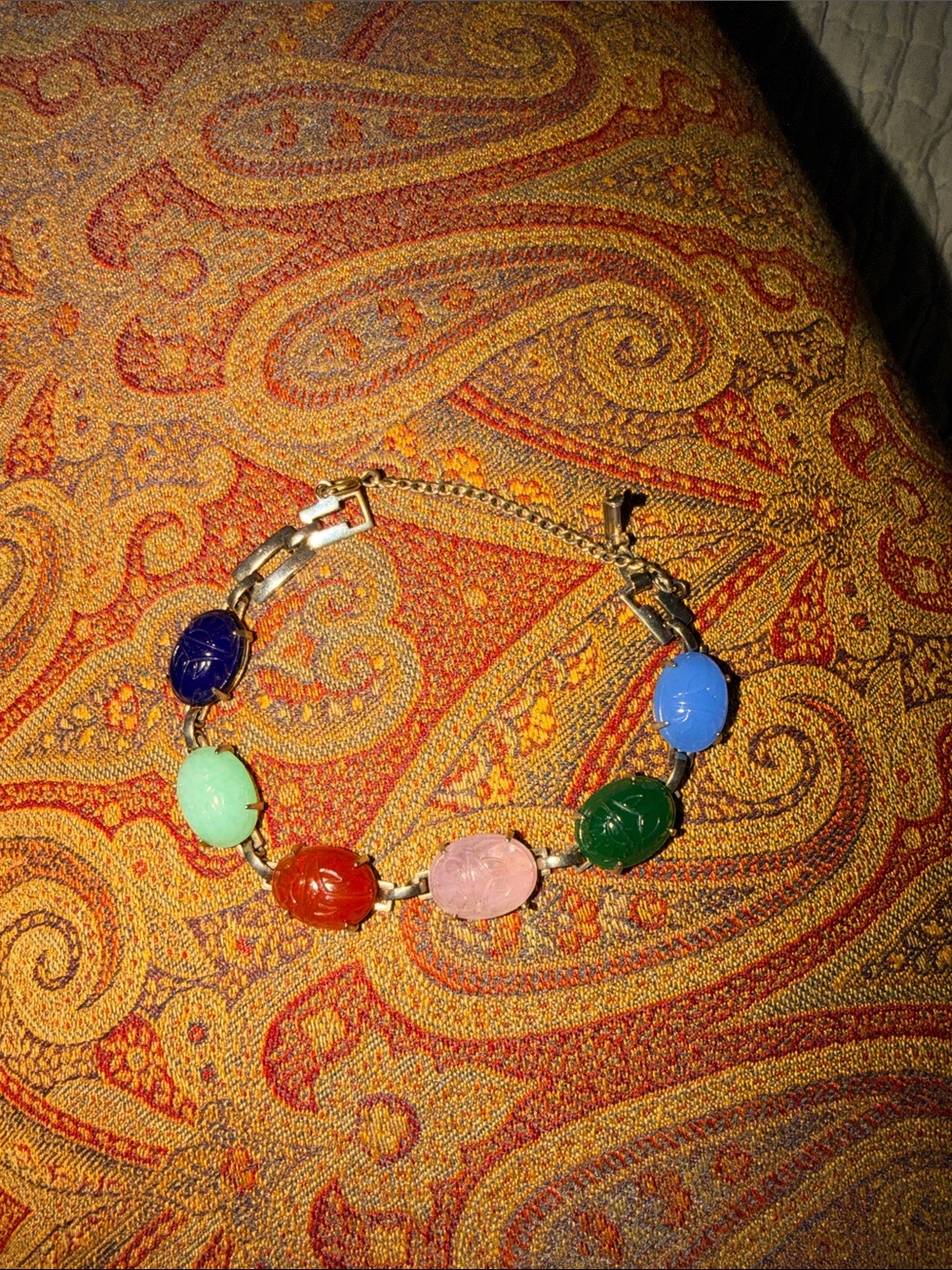 Vintage Gemstone Scarab Charm Bracelet rose quartz onyx carnelian Gold Chain